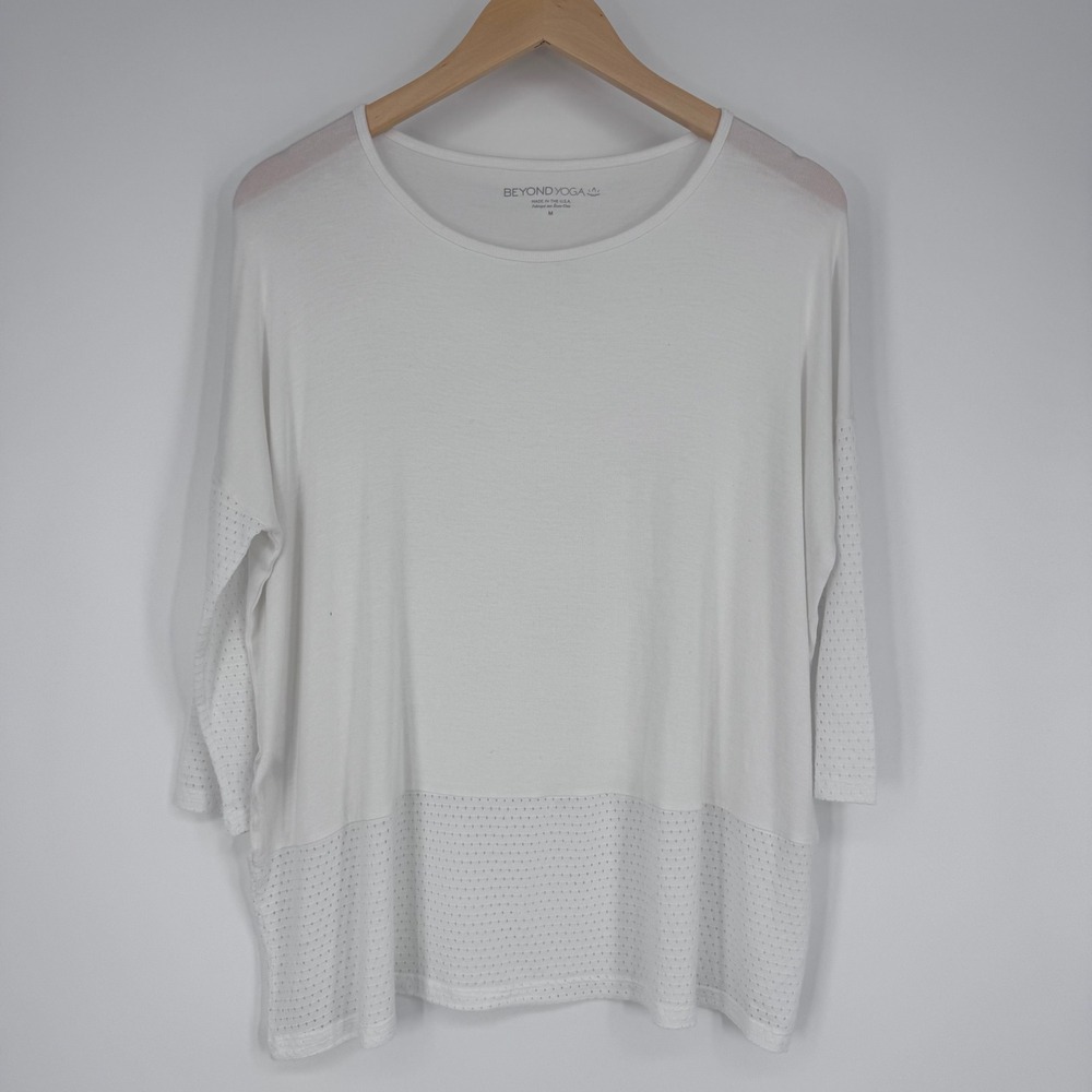 Beyond Yoga Top Women Size M White Pointelle Mesh Trim Modal Yoga‎ Athleisure
